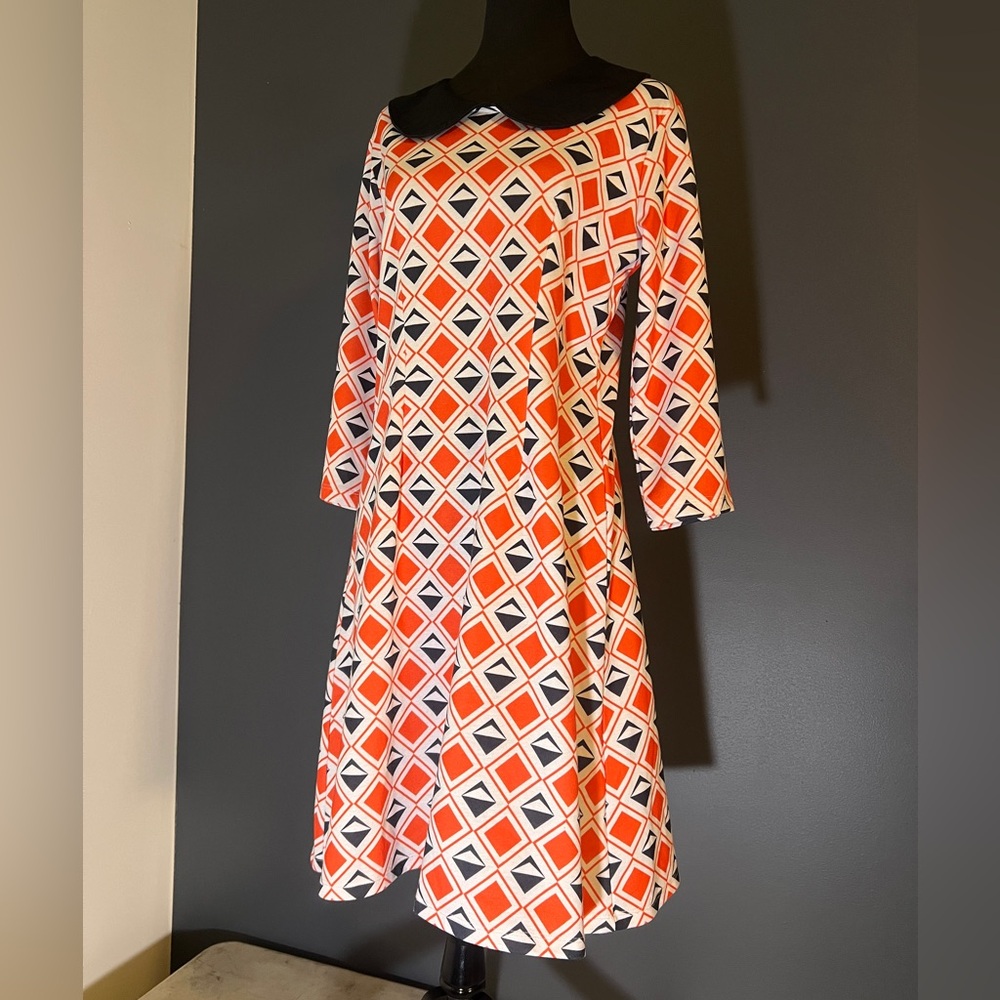 Lindy Bop Orange and Black Geometric Long Sleeve Dress